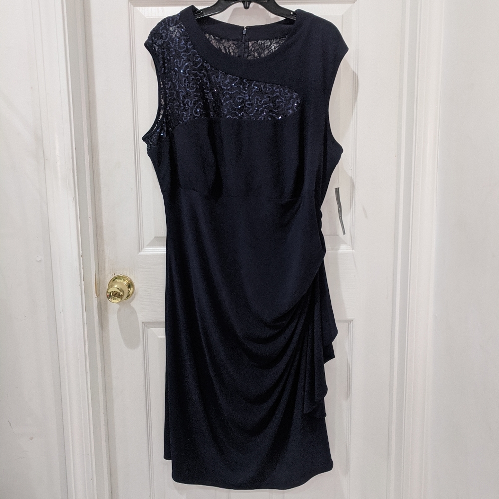 R&M Richards Navy Blue Sequin Ruched Dress
